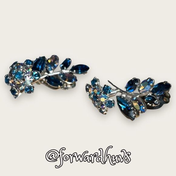 RARE AB Rhinestone Clip Earrings with Spring Attached Rhinestone Flower - Picture 7 of 8